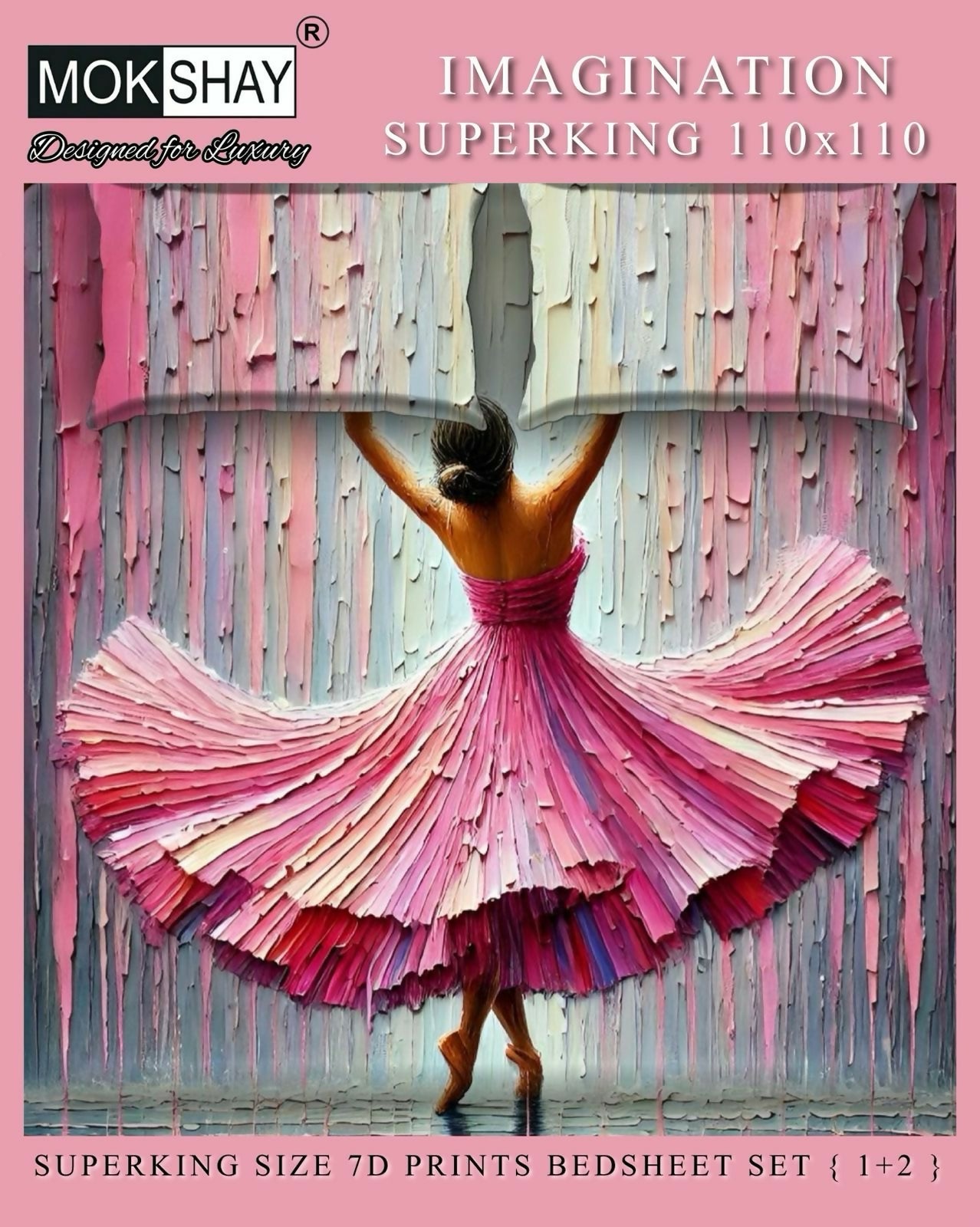 Mokshay Imagination Superking 110x110 bedsheet set with a woman in a colorful dress against a pink and gray striped background.