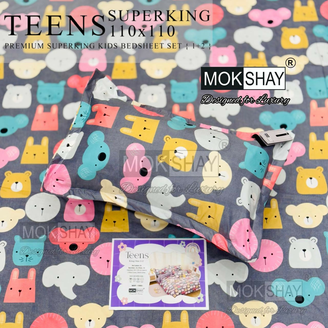 Children's bedding set with colorful animal patterns on a gray background, featuring Mokshay branding.