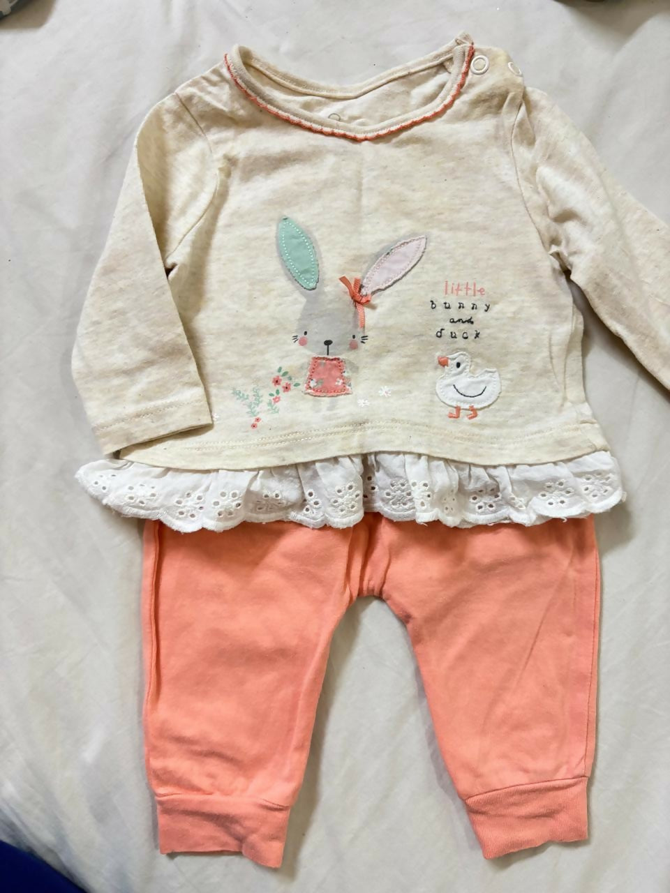 MOTHERCARE cotton top & jogger set – cute bunny patchwork outfit, soft and comfy for infants.