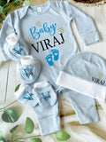 Personalised Romper with Mittens & Cap Set