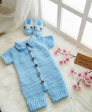 Blue crochet baby romper with matching booties