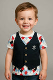 Child wearing a patterned shirt with a navy vest