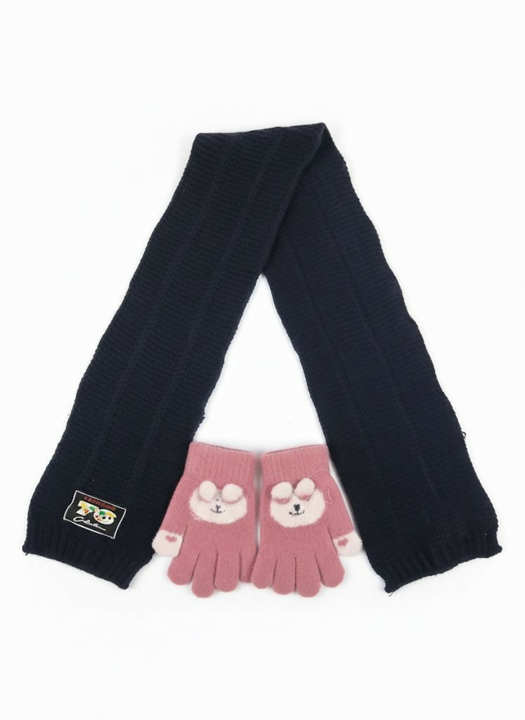 Black scarf and pink gloves with bear design