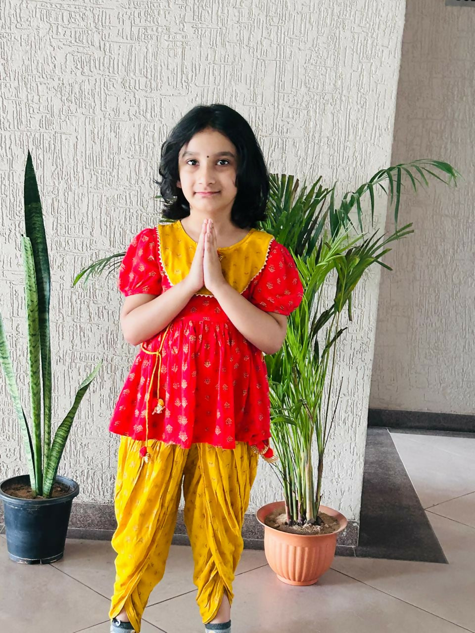 Saka Designs By Sapna Half Sleeves Floral Motif Foil Printed & Lace Embellished Top Dhoti And Dupatta Set - Red & Mustard Yellow