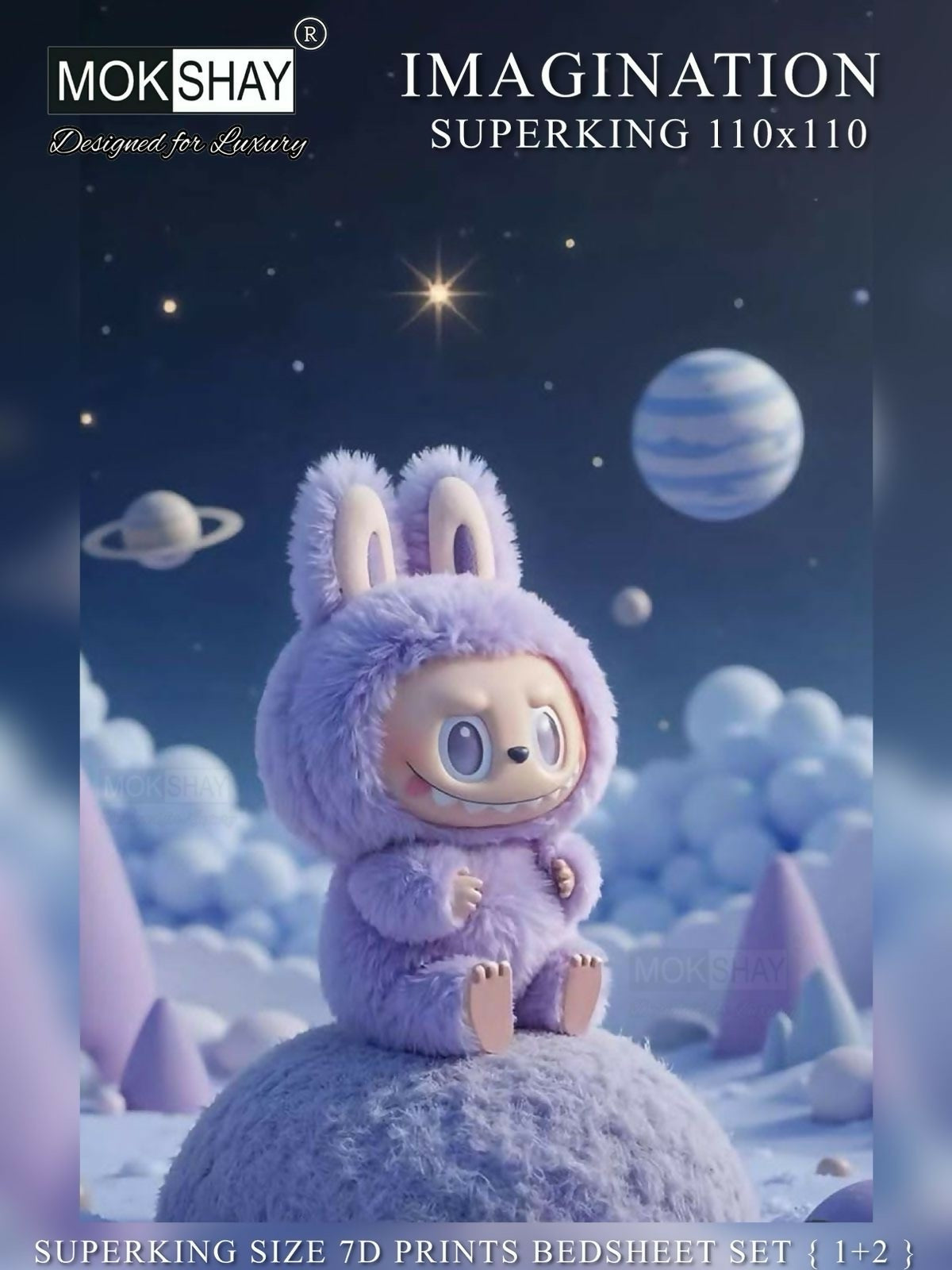 Cartoon character in a purple outfit on a celestial background with MOKSHAY branding.