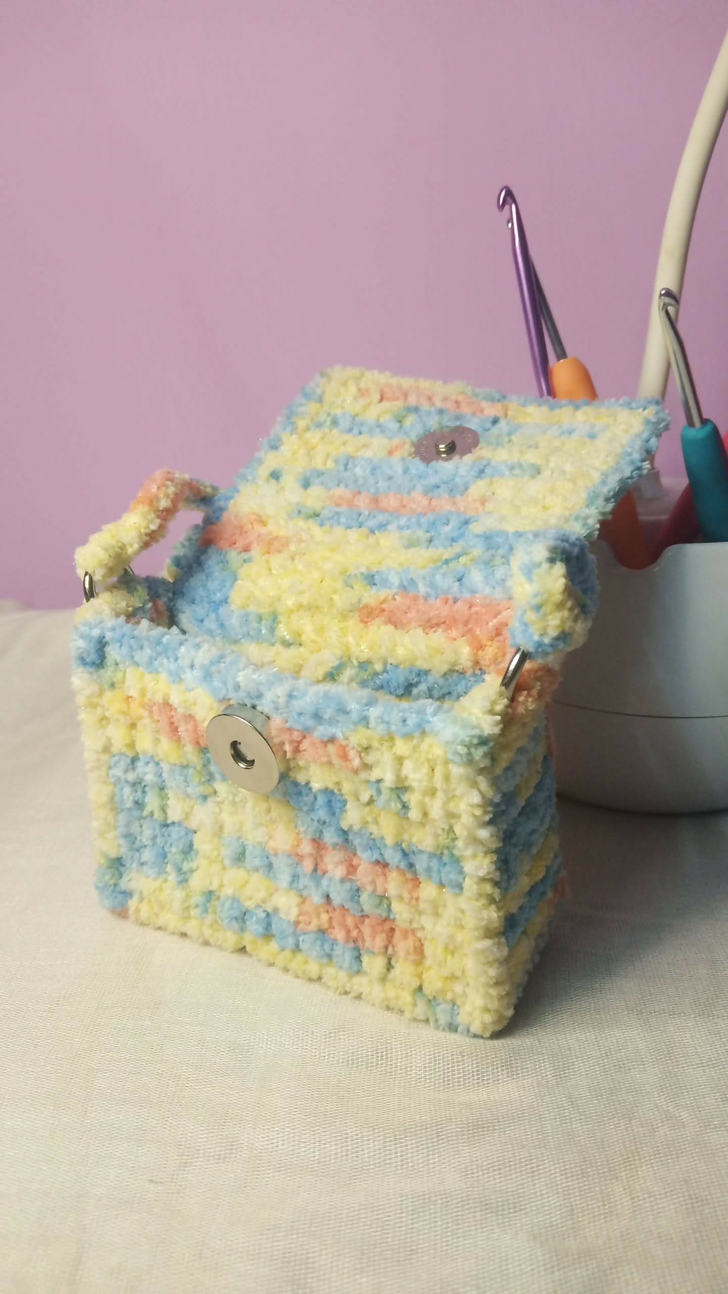 Handmade Plush Crochet Mini Shoulder Bag – Pastel Floral Design | Soft Chenille Yarn Purse
