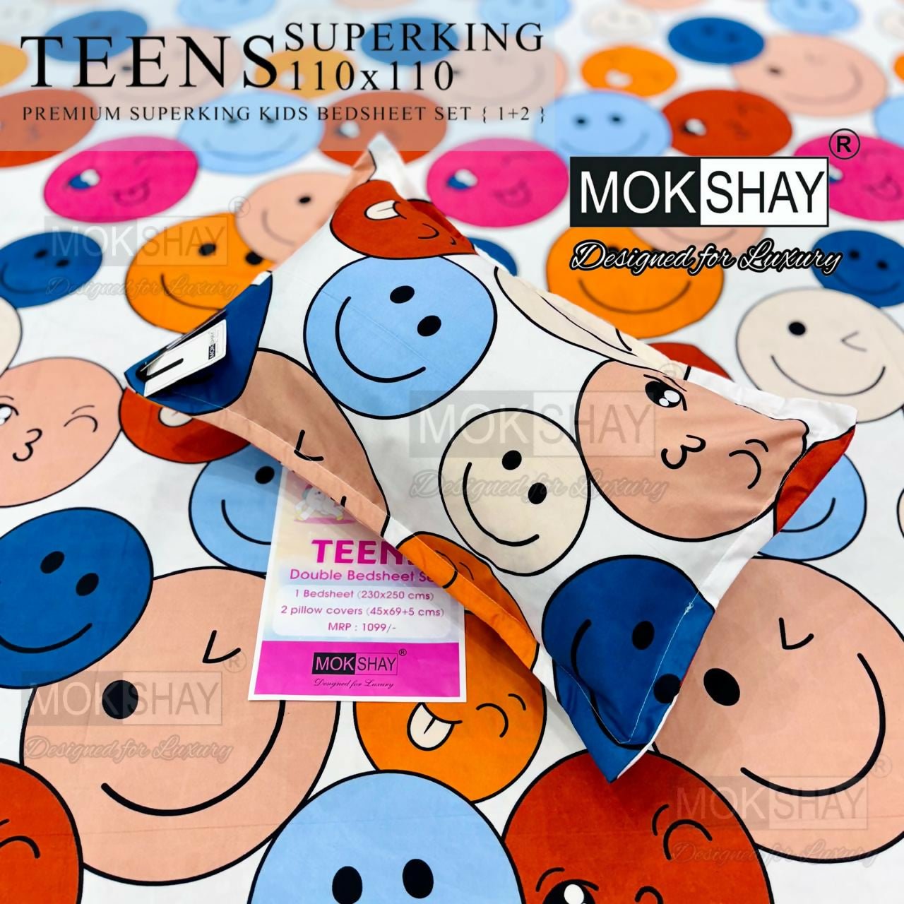 Mokshay Kids Bedsheet Set with smiley face design on a white background