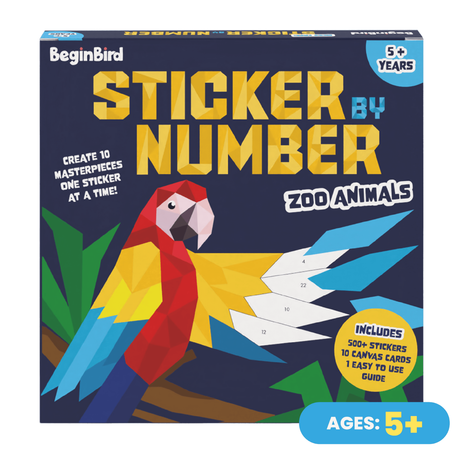 BeginBird Sticker by Number Zoo Animals kit packaging with a parrot illustration on a blue background.