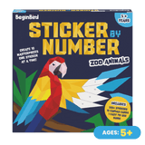 BeginBird Sticker by Number Zoo Animals kit packaging with a parrot illustration on a blue background.