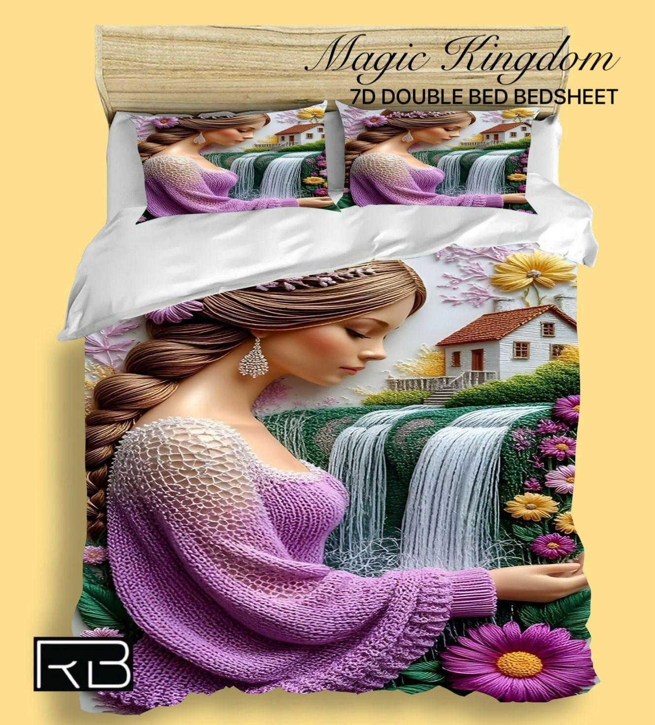 Bedding set with a woman in a purple sweater and waterfall design