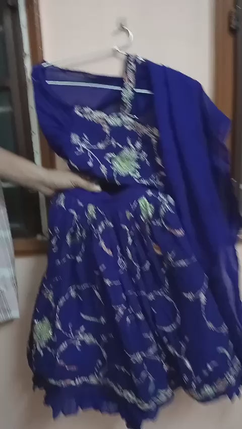 Dark Blue Ghagra with Blouse and Attached Dupatta