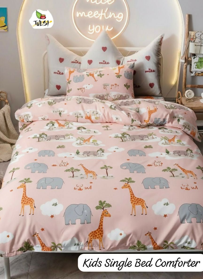 Children's single bed comforter with animal pattern on a bed