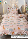 Children's single bed comforter with animal pattern on a bed