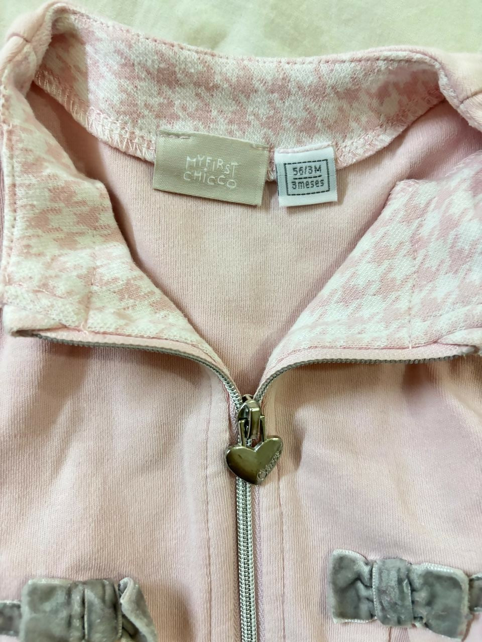 CHICCO Pink Jacket with Velvet Bow Pattern – Cozy, Stylish & Adorable Winter Wear for Babies