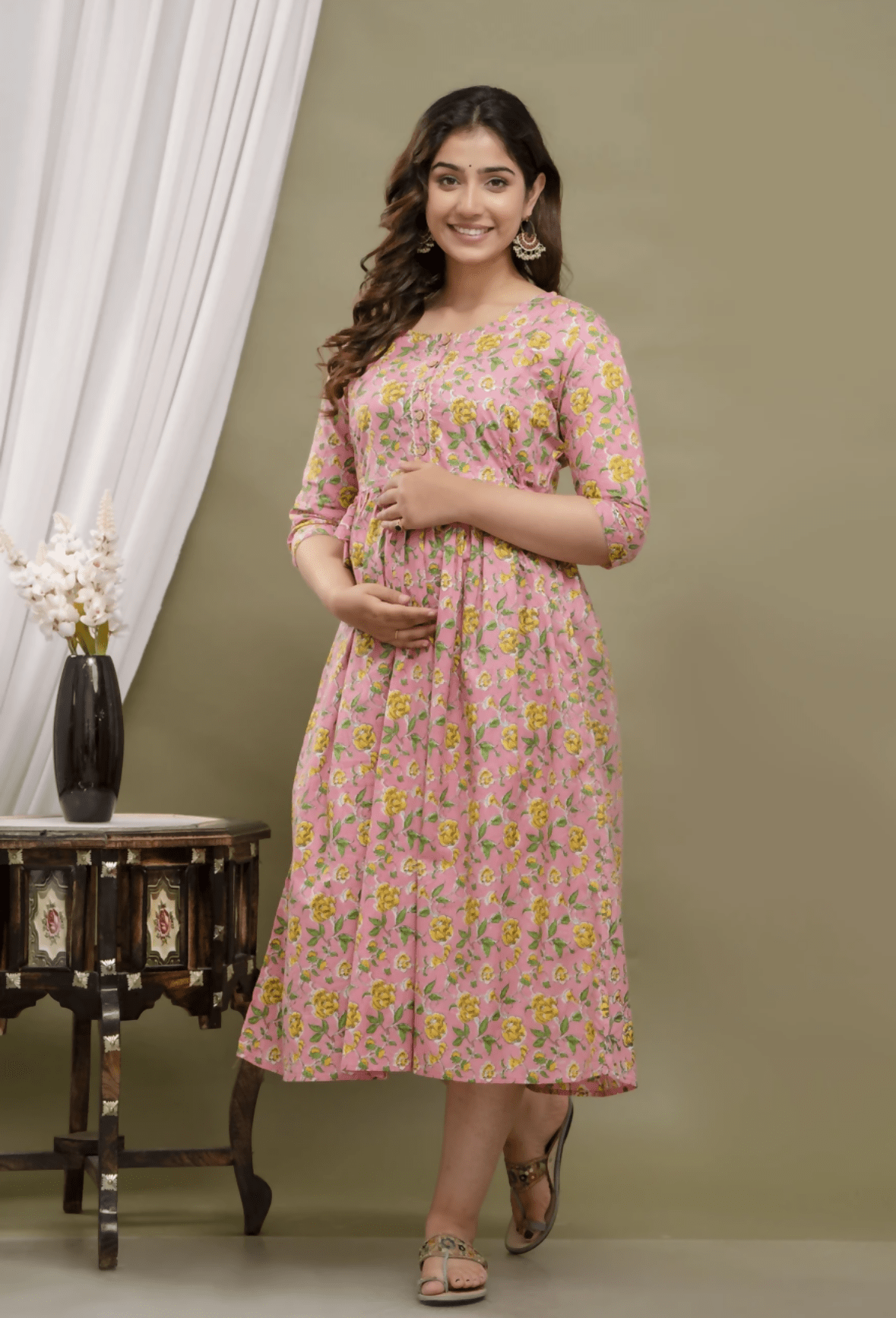 Women A-line Pink Midi/Calf Length Dress
