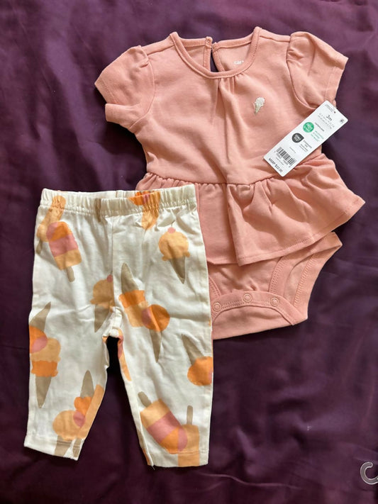 CARTER’S baby girl 2-piece set – peach cotton bodysuit with ice cream print leggings.