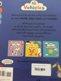 Back cover of a children's book titled 'Baby Touch Vehicles'