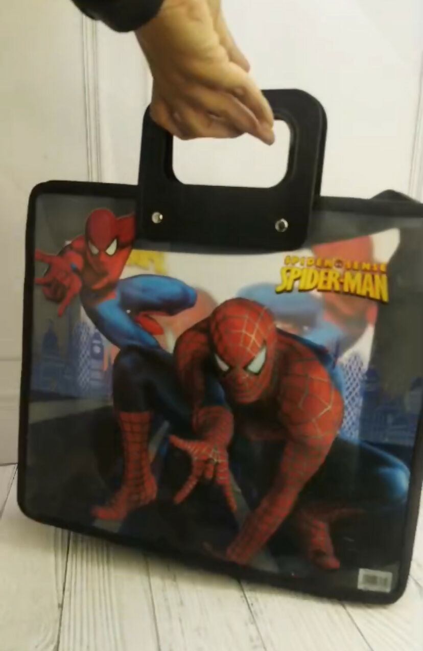 Spider-Man bag with a person holding it against a white wall.