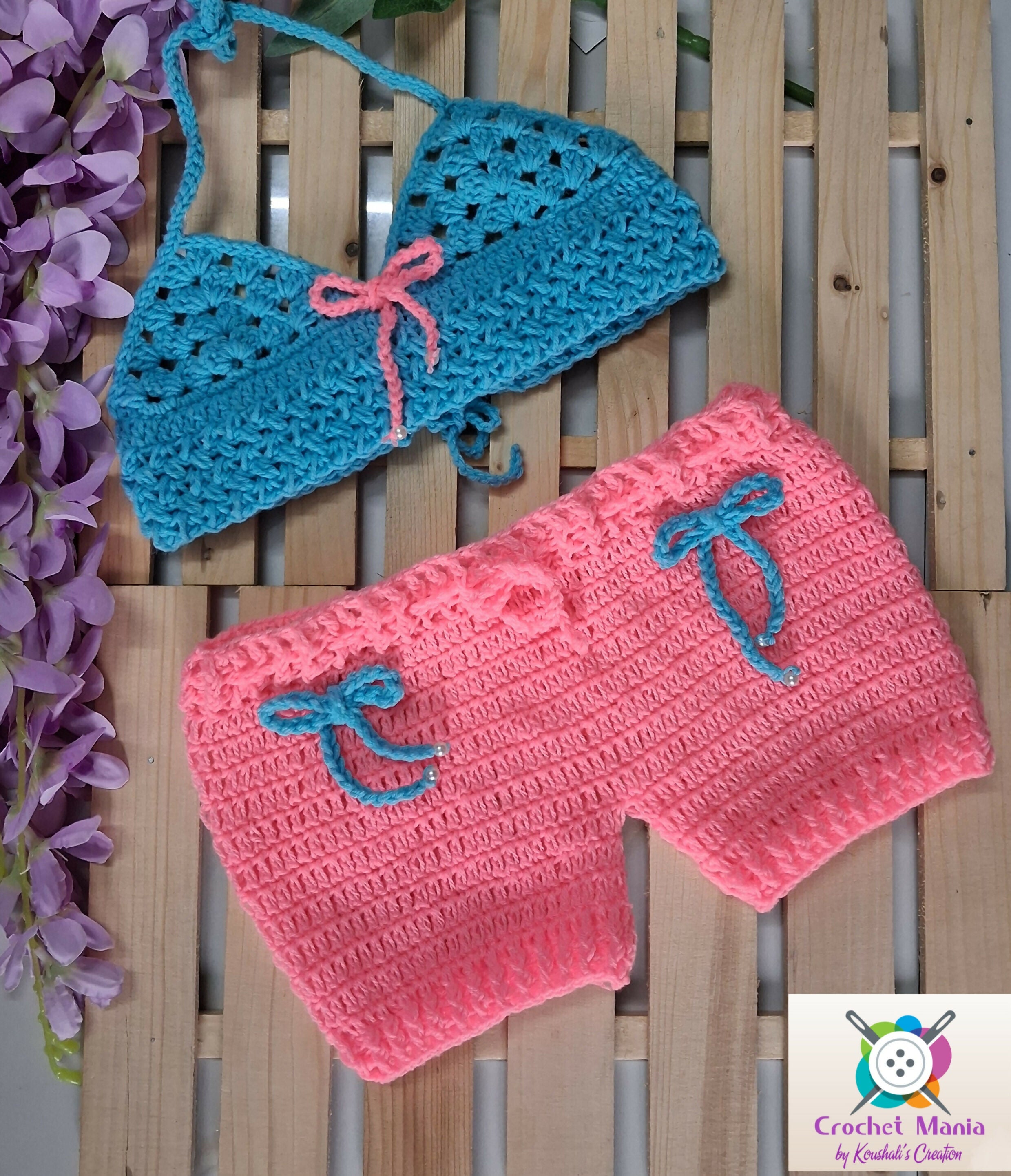 Crocheted blue and pink bikini set
