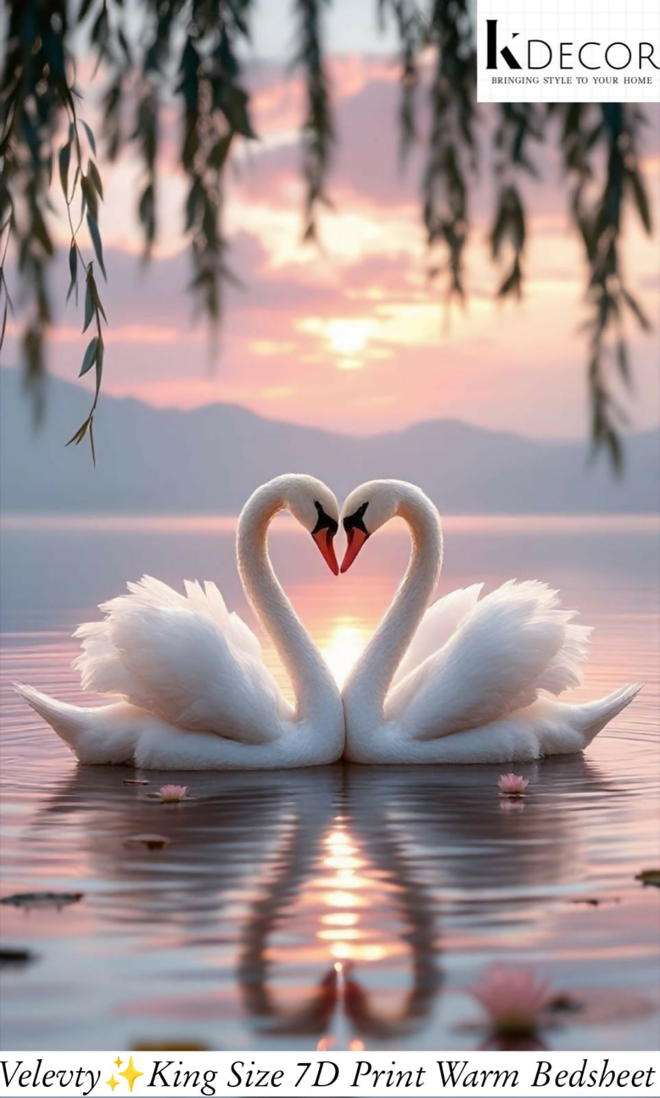 Two swans forming a heart shape on a lake with a sunset bedsheet.