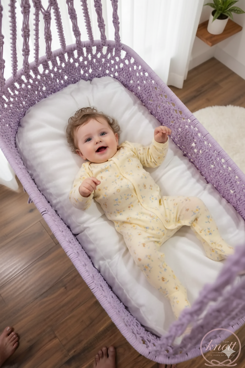 The Top Knott Paris Macramé Baby Cradle – Handwoven Lavender Hanging Bassinet