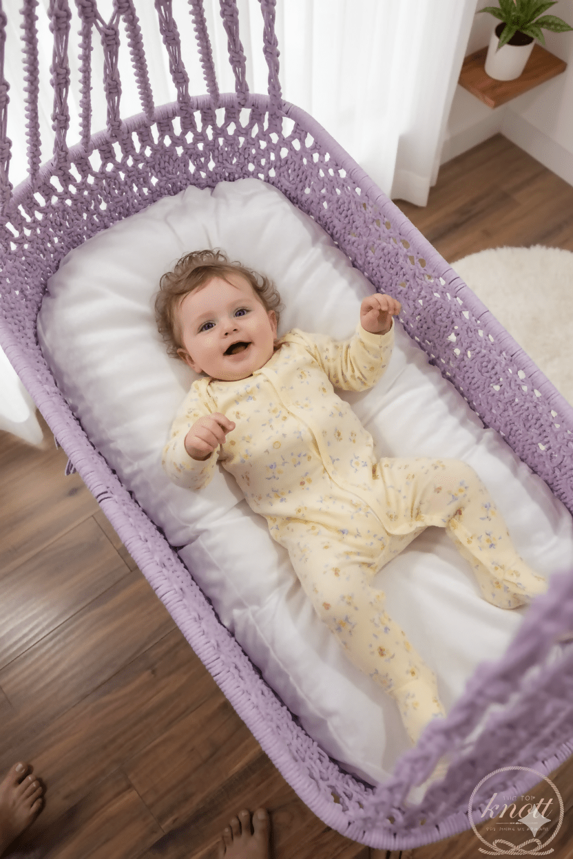 The Top Knott Paris Macramé Baby Cradle – Handwoven Lavender Hanging Bassinet
