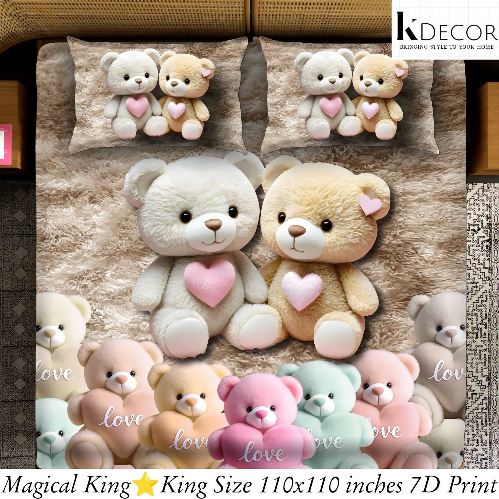 Collection of teddy bears with hearts on a textured surface, featuring the brand 'K'Decor'.