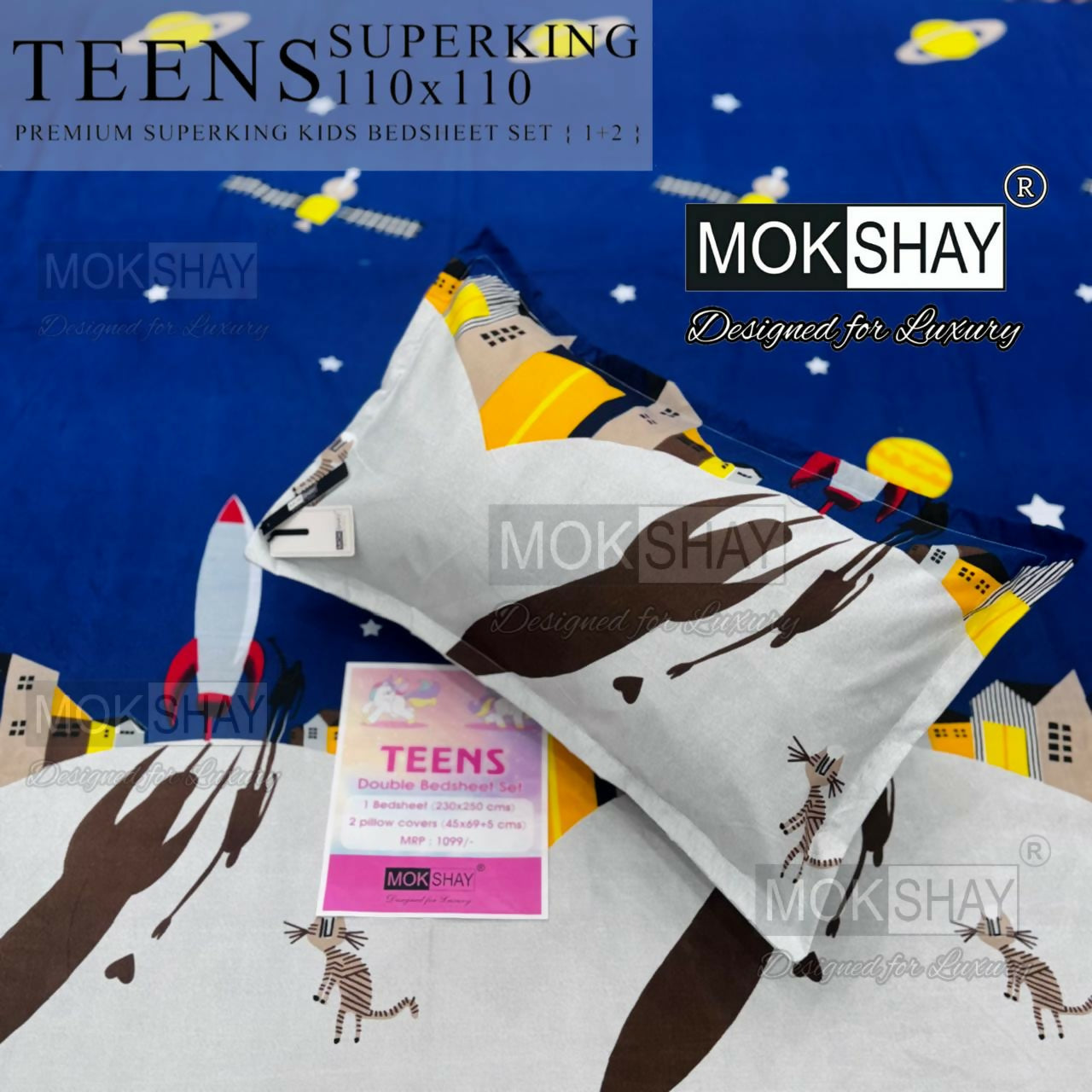 Mokshay Teens Superking kids bedsheet set with airplane design on a blue background
