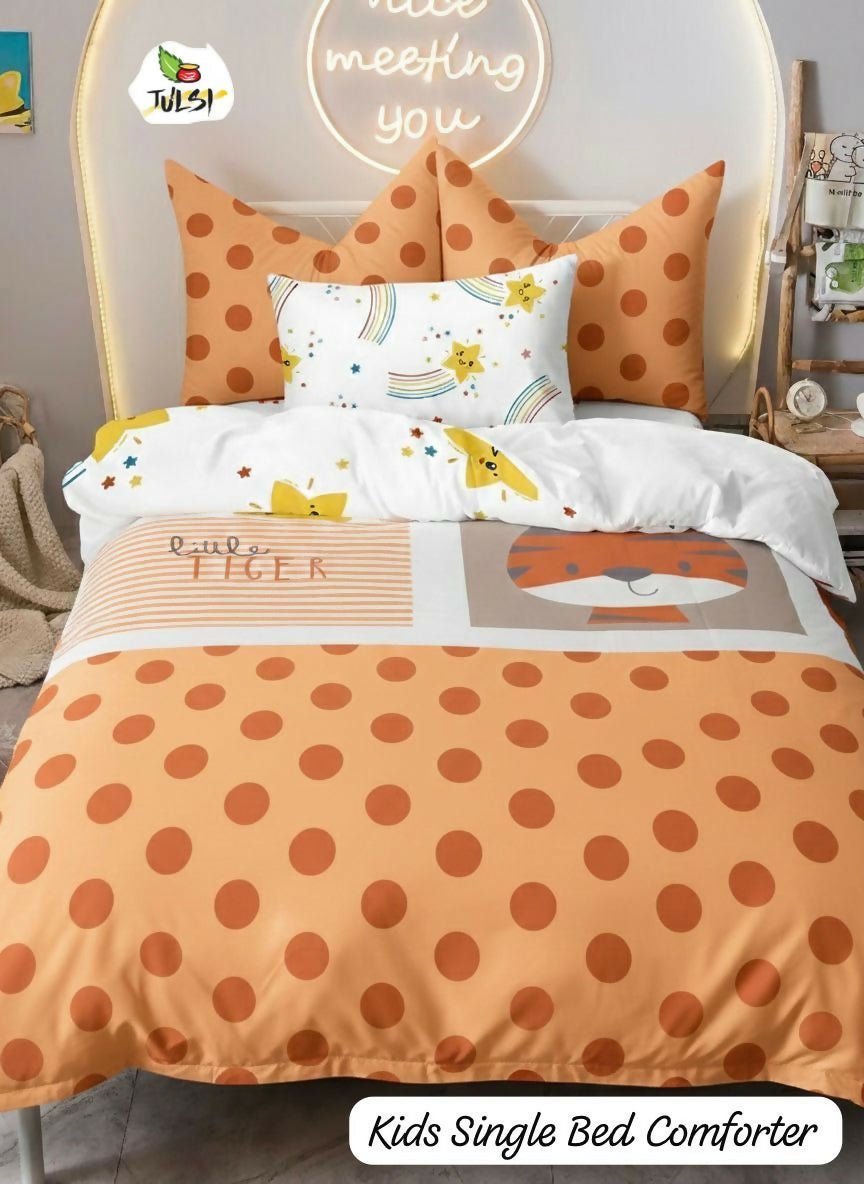 Children's single bed comforter with orange polka dot pattern and cartoon designs
