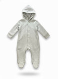 Gray baby onesie with a hood