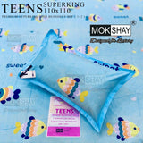 Mokshay Teens double bedsheet set with pillow cover on a blue background with fish patterns.