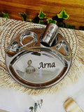 Kids personalized thali set in stainless steel with divided plate, matching engraved utensils and glass, ideal for gifting.