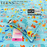 Colorful kids bedsheet set with fish and submarine pattern on a blue background, featuring Mokshay branding.