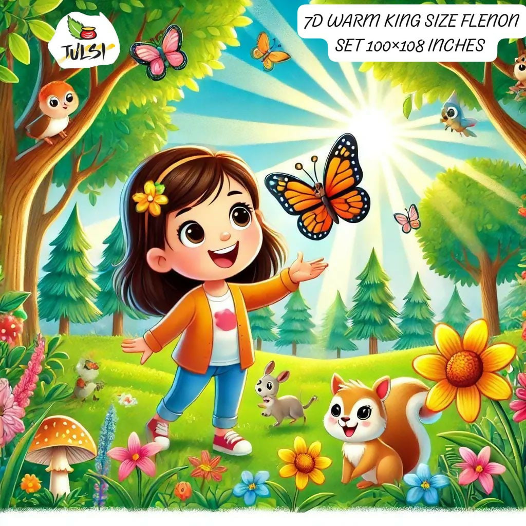 Cartoon girl in a forest with animals and flowers bedsheet