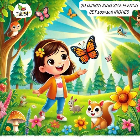 Cartoon girl in a forest with animals and flowers bedsheet