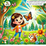 Cartoon girl in a forest with animals and flowers bedsheet