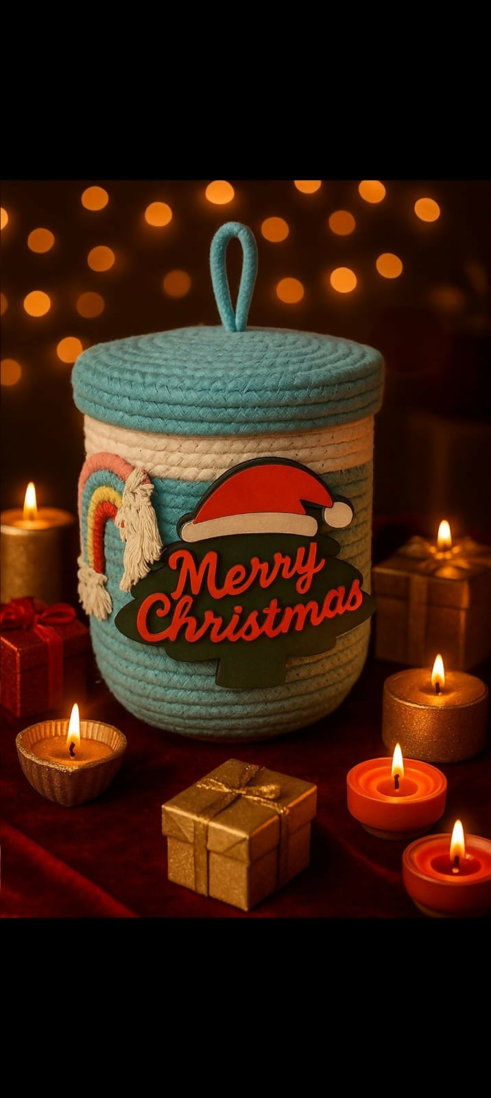 Decorative woven basket with 'Merry Christmas'