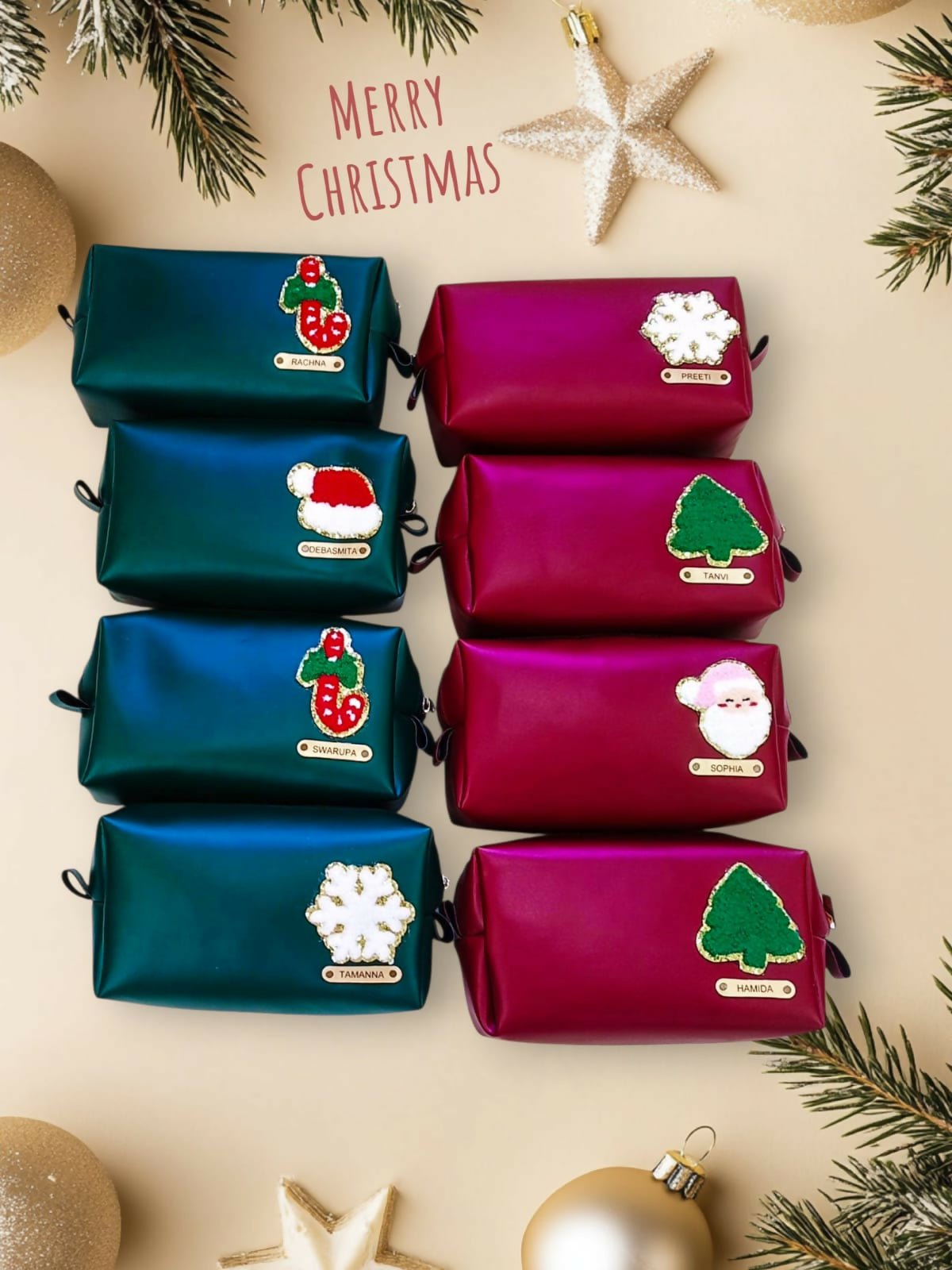 Set of Christmas-themed makeup bags with festive designs