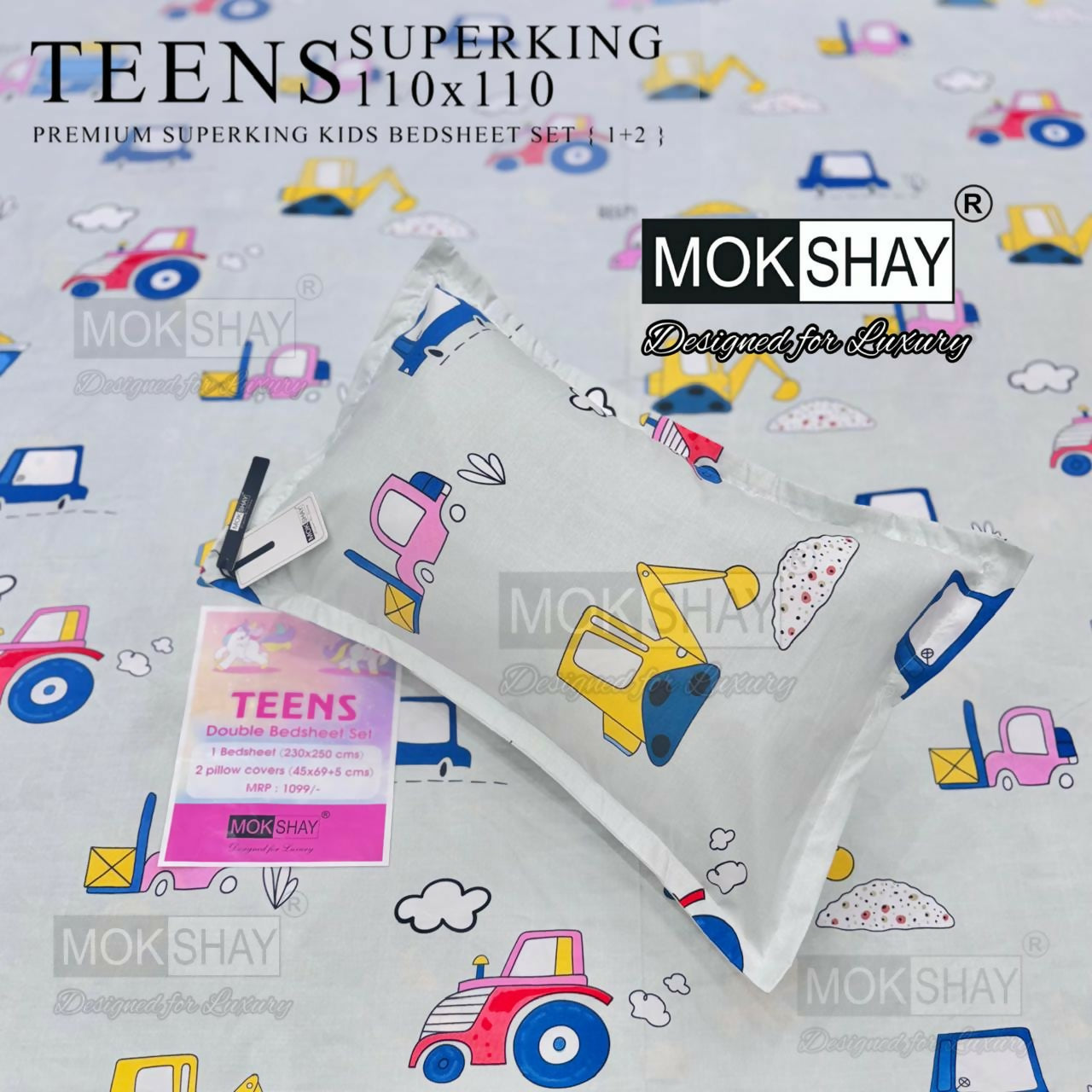 MOKSHAY TEENS superking kids bedsheet set with toy car and truck pattern on a white background.