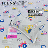MOKSHAY TEENS superking kids bedsheet set with toy car and truck pattern on a white background.