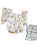 Baby 2-Piece Outfit Set, Floral Print Romper with Yellow Trim and Plaid Shorts, White and Grey
