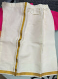 White pants with gold stripes on a pink surface