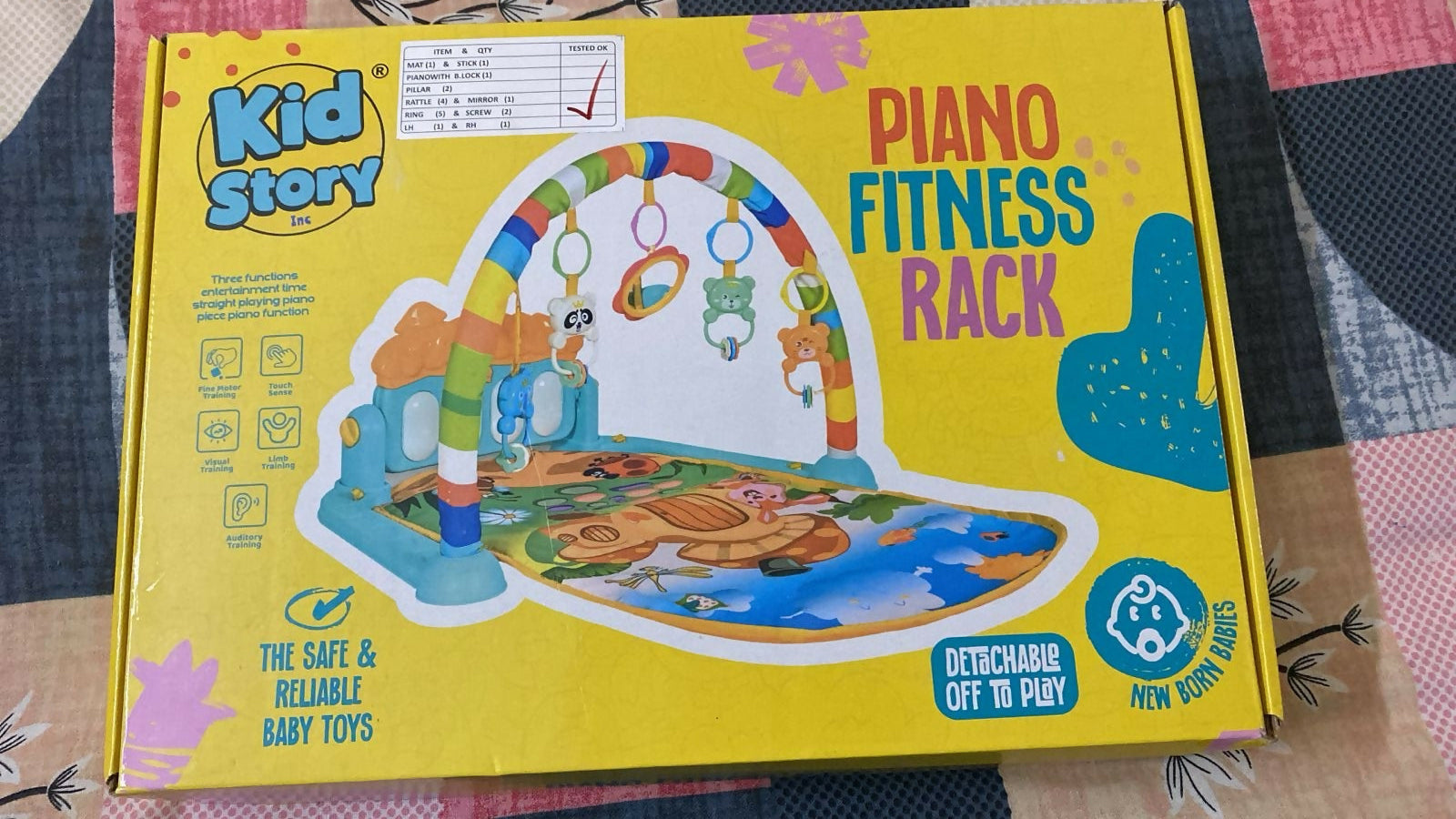 Children's fitness rack with colorful packaging on a surface