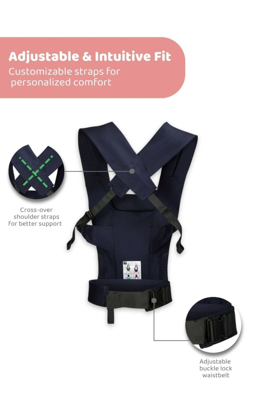 Navy blue baby carrier with adjustable straps on a white background