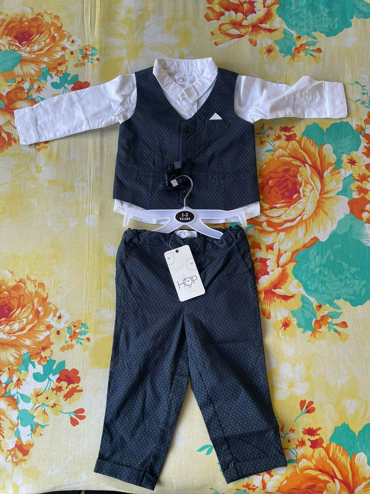 HOP BABY Shirt Waist Coat and Trouser Set - White/Black Grey pattern design - PyaraBaby
