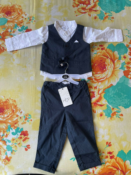 HOP BABY Shirt Waist Coat and Trouser Set - White/Black Grey pattern design - PyaraBaby