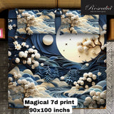 Decorative print with moon, trees, and flowers on a blue background, featuring the brand 'Roseval'.