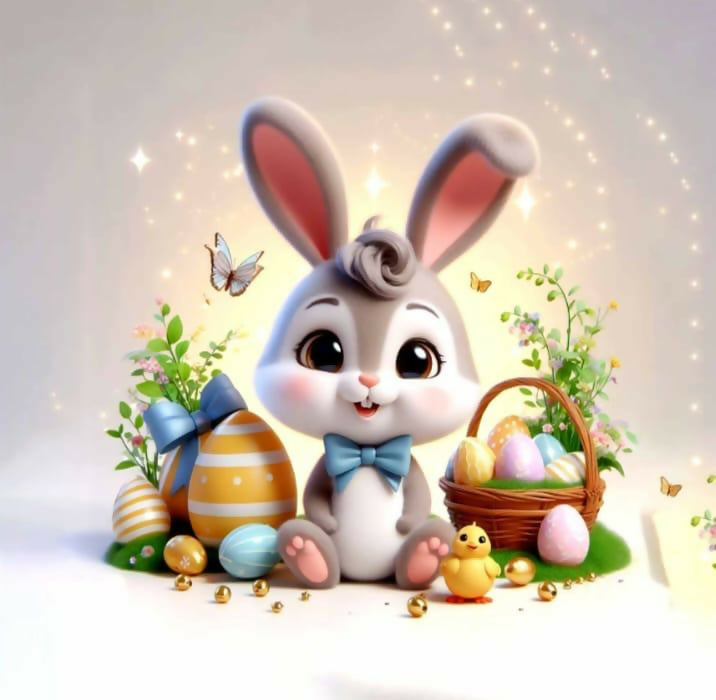 Cartoon Easter bunny with colorful eggs and flowers on a light background