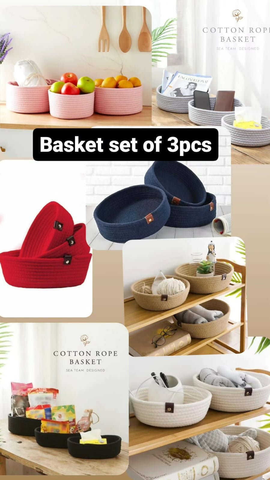 COTTON ROPE WOVEN STORAGE BASKET SET (3 PCS – ROUND)