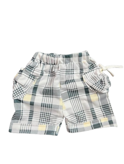 Baby 2-Piece Outfit Set, Floral Print Romper with Yellow Trim and Plaid Shorts, White and Grey